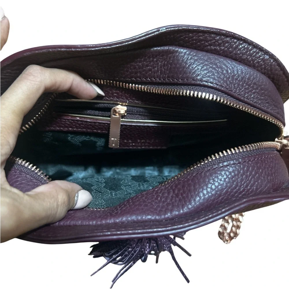 Ted Baker Maaryy Leather Crossbody Wine Burgundy Pom Rose Gold Chain